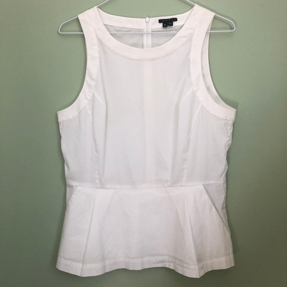 Theory White Cotton Peplum Sleeveless Blouse